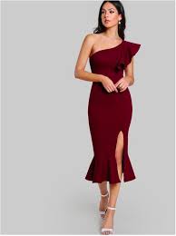 Burgundy Flounce Ruffle One Shoulder Frill Peplum Hem Cocktail Dress Sz Xs S M L Frilled Dress Ideas Of Frilled Dre In 2020 Frill Dress Burgundy Midi Dress Dresses