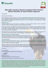 This unit trust we are using as an example was taken from a malaysian unit trust. Latest Announcement Manulife Launches Shariah Compliant Flexi Fund