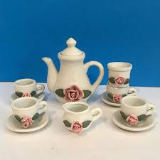 Vintage Teacups Saucer Set Handmade Clay Pink Roses Green Miniature Teapot Unmarked Teacupsandsaucerset In 2020 Tea Pots Tea Cups Vintage Tea Sets Vintage
