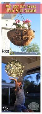Wire Two Flower Baskets Together And Add White Lights To Create A Round Chandelier Cute For Out Door Get Togethers Diy Patio Diy Chandelier Xmas Lights