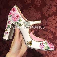 95 0us Spring Summer Luxury White Leather Pink Rose Flower Printed Block High Heels Cat Buttoned Mary Janes Party Wedding Shoes Woman Women S Pumps Alie Womens Wedding Shoes Heels White Bridal Shoes