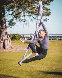 This Pose Is A Variation On The Popular Tree Pose A Video Tutorial On My Youtube Channel Link I Aerial Yoga Aerial Yoga Poses Yoga Swing