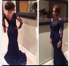 2014 Navy Blue Lace Evening Dress With Sheer Long Sleeves Mermaid Prom Gowns Roma Prom Dresses Blue Long Sleeve Prom Dress Lace Prom Dresses Long With Sleeves