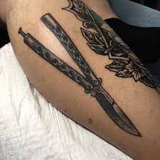 Traditional Butterfly Knife Tattoo On The Right Calf Butterfly Knife Tattoo Knife Tattoo Butterfly Knife
