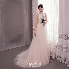 Robe mère de la mariée. Elegant Legere Champagne Jardin Exterieur Robe De Mariee 2020 Princesse Col Haut Sans Manches Appliques En