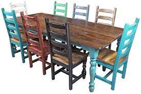 Chairs can range from light tobacco to much darker hues depending on the dye. Multi Color Mexican Colonial Painted Wood Dining Set 9 Piece Mexican Dining Room Painted Dining Chairs Ladder Back Dining Chairs