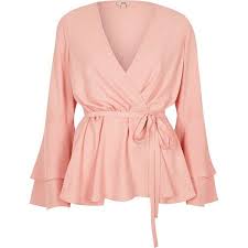 River Island Light Pink Frill Sleeve Wrap Blouse 60 Liked On Polyvore Featuring Tops Blouses Shirt Light Pink Shirt Light Pink Blouses Pink Shirt Outfit