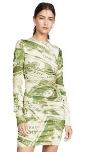 Moschino Money Print Ruched Long Sleeve Wool Minidress In Green Modesens In 2020 Sleeves Money Dress Mini Dress