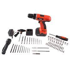 This lightweight drill comes with a built in flashlight in the handle and also an led light to illuminate what you're working on, that is activated when the trigger is pulled. Cordless Drill Set 78 Piece Kit 18 Volt Power Tool By Stalwart On Sale Overstock 4714057