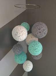 Diy soft pom ball party decoration glue on cloth accessories mix colors pompom fur craft. Yarn Ball Mobile In White Gray And Aqua Diy Yarn Crafts Yarn Ball Diy Room Decor