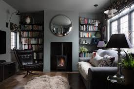 Price and other details may vary based on size and color. Tv Room Snug With Grey Sofa Black Shelving Dark Parquet Wooden Floor Round Mirror Gas Effect Wood Burning Stove Shee Snug Room Cosy Living Room Interior