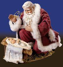 Santa With Jesus Santa Claus By The Baby Jesus Manger Catholic Christmas Statue Figurines Home Garden