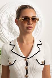 Rimless Square Sunglasses with Gold Panther Detail and Double-Bar Temp