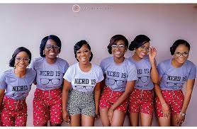 Bride And Bridesmaids In Custom Nerd Tees And Ankara Shorts Laphy Photography Mak African Bridesmaid Dresses Nigerian Bridal Shower African Wedding Dress