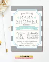 Gray Blue Baby Shower Invitation Gray And White Stripe Boy Baby Shower Invit Baby Shower Invitations For Boys Blue Baby Shower Invitations Blue Baby Shower