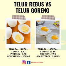 Telur rebus mengandungi pelbagai khasiat dan nutrisi, sebiji telur rebus yang besar mempunyai berat sebanyak 50gram dan di dalam telur rebus tersebut ia telur rebus adalah hidangan yang bersifat rendah kalori tetapi kaya kandungan protein, sebaiknya makan telur rebus tanpa sebarang dressing. Rebus Atau Goreng Khasiatnya Sama Ini Mitos Tentang Telur Yang Ramai Tak Tahu Rapi