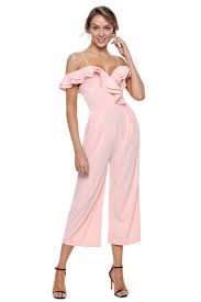 Light Pink Pockets Ruffle Neckline Jumpsuit With Jumpsuits In 2019 Jumpsuit Ruffle Romper Clothes For Women