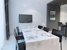 Black white scandinavian interiors that explore the dark side. Black And White Dining Room Trend Dining With Dining Table Set For Six People Hanging Tv On The Wall 3d Render Stock Photo Picture And Royalty Free Image Image 46197797