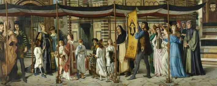 Jane Benham Hay (British painter and illustrator) 1829 - 1904 A Florentine  Procession, 1859-67 oil on canvas 168 x 415 cm. (66.14 x 163.39 in.)  Homerton College, University of Cambridge, Cambridge, Cambridgeshire,