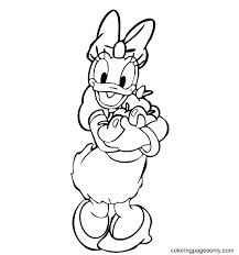Printable coloring pages of daisy duck greeting a bird, relaxing, applying makeup, admiring herself in the mirror, etc. Daisy Duck With Apple Coloring Pages Daisy Duck Coloring Pages Coloring Pages For Kids And Adults