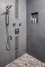 Modern Shower In Cool Gray Tones Modern Shower Bathroom Shower Tile Trendy Bathroom Tiles
