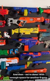 Here is a real simple diy nerf gun storage rack system for under $$20.00 bucks. Roxy Jacenko Installs An Incredible 4mx4m Nerf Gun Rack For Her Son Hunter Curtis Sixth Birthday Daily Mail Online