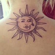 Water transfer tattoo minimalist small sun moon tattoo body art waterproof temporary fake tattoo for man woman kid 10 5 6cm. Sun With Half Moon Tattoo On Back Neck