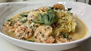 Add shrimp and cook, turning occasionally, until pink and firm, about 5 minutes. Spaghetti Squash Shrimp Scampi Recipe From Bobby Flay Rachael Ray Show