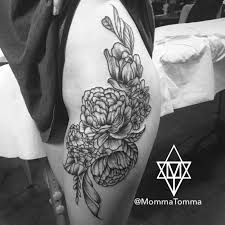 Peony And Hydrangea Stipple Thigh Tattoo Tattoos Thigh Tattoo Peonies And Hydrangeas