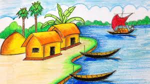 How to draw easy scenery of sunset in the hill | super simple nature scenery drawing step by step.how to draw easy and beautiful scenery of sunset in the hil. Beautiful Riverside Village Drawing With Boat Village Drawing Earth Day Drawing Riverside Village
