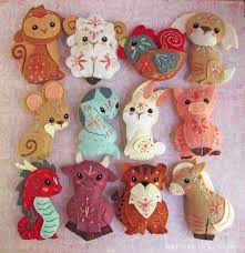 Felt Animals Plush Pattern Chinese New Year Plush Sewing Pattern Set 2 Felt Ornaments Chinese Zodiac Mobile Pig Mouse Rabbit Felt Ornaments Sewing Stuffed Animals Felt Crafts