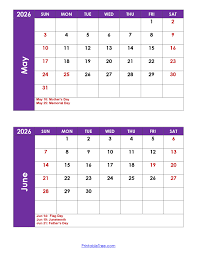 May and June 2026 Calendar Printable PDF | 2 Month Calendar Template