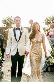 A Gold Beaded Gown Set The Stage For A Glam Puerto Rican Wedding Non White Wedding Dresses Glam Wedding Dress Gold Wedding Gowns