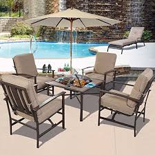 Each can comfortably fit between 4 and 6 polywood adirondack or deep seating chairs, and the spacious table top around the fire is the perfect spot to place your drinks, s'mores, and other snacks! Ghp Outdoor Patio 5 Piece Chair Bbq Stove Fire Pit Table Furniture Set W Umbrella Buy Online In United Arab Emirates At Desertcart Ae Productid 18804380