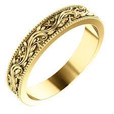 Engraved Wedding Band Millegrain Rings 4mm Yellow Gold Etsy In 2021 Wedding Band Engraving Antique Wedding Rings Vintage Engagement Rings Unique