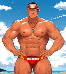 sakuramarusan, original, 1boy, abs, bara, bare pectorals, between  pectorals, body hair, bulge, cloud, cloudy sky, cowboy shot, facial hair,  hands on own hips, large pectorals, lifeguard, light smile, male focus,  male swimwear,