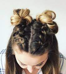 Double Dutch Braid Buns Half Up Hairstyle Braids For Short Hair Short Hair Styles Braided Hairstyles Easy