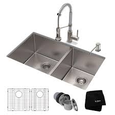 Kraus Standart Pro All In One Undermount Stainless Steel 33 In Double Bowl Kitchen Sink With Faucet In Stainless Steel Chrome Khu103 33 1610 53ssch The Home Stainless Steel Double Sink Double Bowl Kitchen Sink