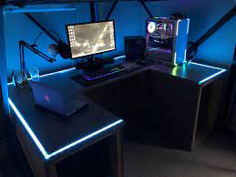 Making a diy gaming desk is quite different from an ordinary computer desk, especially if you want to make an advanced gaming setup like this one. 70 Best Diy Gaming Desk Ideas Gaming Desk Gaming Room Setup Room Setup