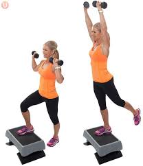 Maintain neutral spine with the arms extended, shoulders down and chest lifted. How To Do Step Up With Overhead Press