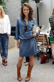 L A Street Style Walk The Line Dresses With Cowboy Boots Denim Dress Cowboy Boot Outfits