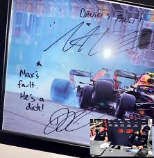We've only had russell's cutout for a race and a half, but if anything happened to him, we would kill everyone in this room and then ourselves. Formula Drivers Max Verstappen And Daniel Ricciardo Sign A Picture Of Their Infamous Collision Meme Guy