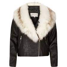 River Island Black Faux Fur Collar Biker Jacket Fur Collar Leather Jacket Fake Leather Jacket Black Faux Fur