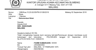 Maka dengan ini kami bermaksud memohon kepada kepala smp 1 pagerageung untuk memberikan rekomendasi kepada kami sehingga dapat mengajukan permohonan izin pendirian ke dinas penanaman modal. Kua Blimbing Kota Malang Contoh Surat Rekomendasi Pindah Nikah