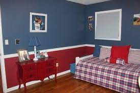 Installing a chair rail in a bedroom may be a design dilemma for the aspiring decorator. Red Blue With White Chair Rail Red Boys Bedroom Boy Room Paint Boy Room Red