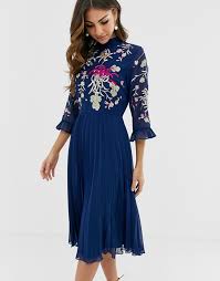 Asos Design Embroidered Pleated Midi Dress With Fluted Sleeve In Navy Asos Maxi Dress Prom Pleated Midi Dress Embroidered Midi Dress