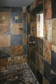 Darker Than I Want But I Like The Concept Note Pebbled Floor Slate Shower Slate Bathroom Tile Shower Tile