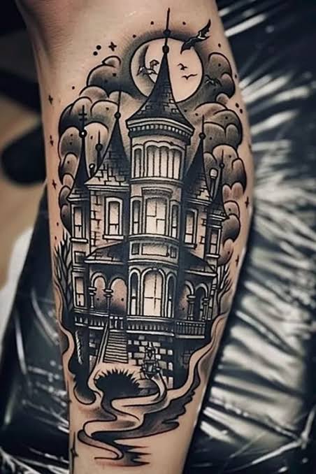 Eerie Haunted House Tattoo Drawing
