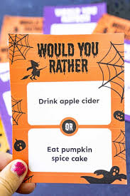 Try to guess which card the player to your left would rather do: Halloween Would You Rather Questions Free Printable Play Party Plan