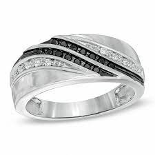 Men S 1 5 Ct T W Enhanced Black And White Diamond Ring In 10k White Gold Zales Black White Diamond Ring White Diamond Ring White Gold